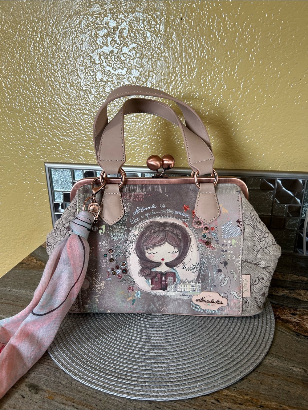 Anekke Blush Pink Illustrated Frame-Top Satchel with Scarf